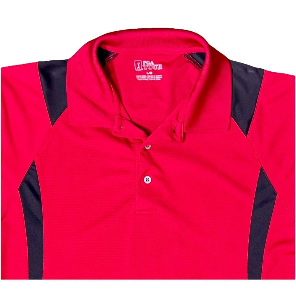 PGA Tour Men's Polo Golf Shirt Red Black Short Sleeve Button Up Size Large
